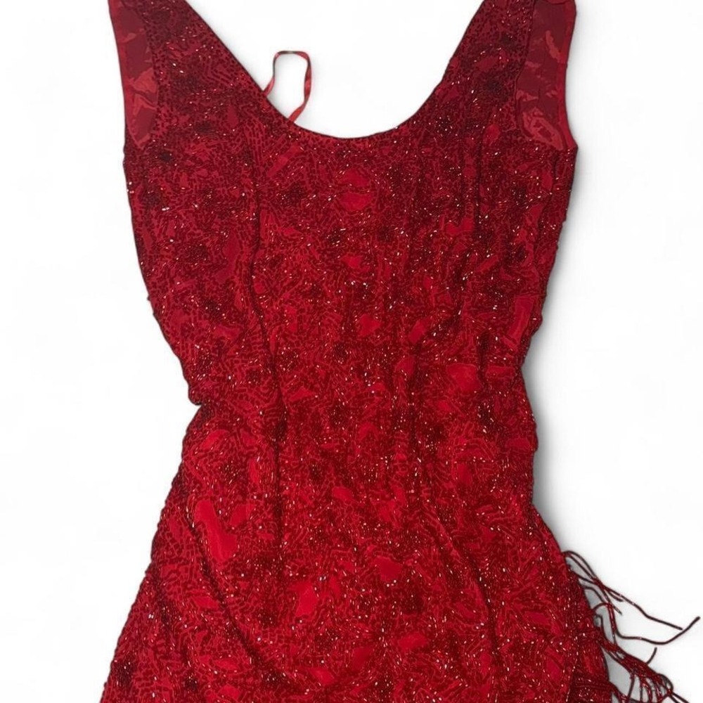 Vintage red beaded fringe dress Oleg Cassini petite Gatsby flapper sequin - Picture 6 of 7